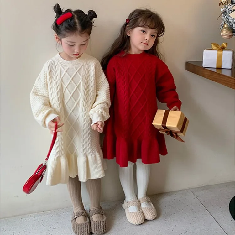 

Dress Sweaters Girls Korean Knitting Woolen Yarn Winter New Children Clothing Lotus Leaf Edge Thickening Princess