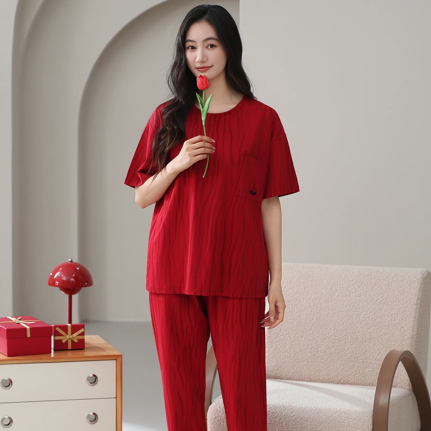 Summer Short Sleeve Women Full Cotton Pajamas Sets Red Long Pants Pijamas Sleepwear 2Pieces Pullover Pyjamas For Young Lady