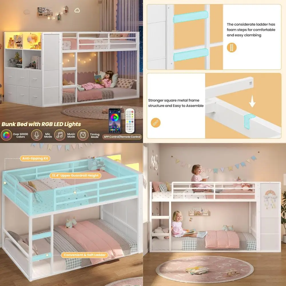 

Двухъярусная кровать Twin Over Twin с 6 ящиками, 4 деревянными полками, светодиодной подсветкой, безопасной лестницей и защитным ограждением