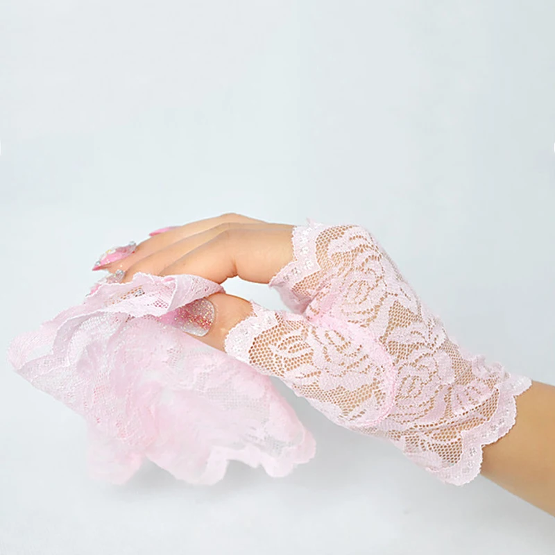 1pair Women Short Lace Half-finger Uv Protection Black Glove Bride Wedding Breathable Fingerless Outdoor Scar Cover Driving Thin