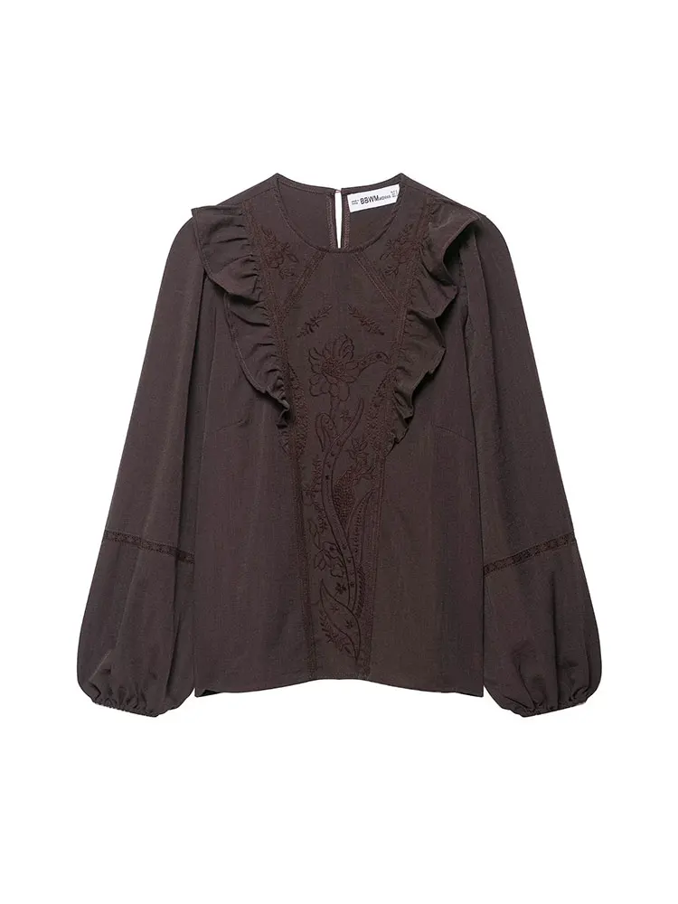 Nlzgmsj blusa elegante topo moda flor bordado blusas para mulher babados manga longa blusa feminina novas camisas sólidas