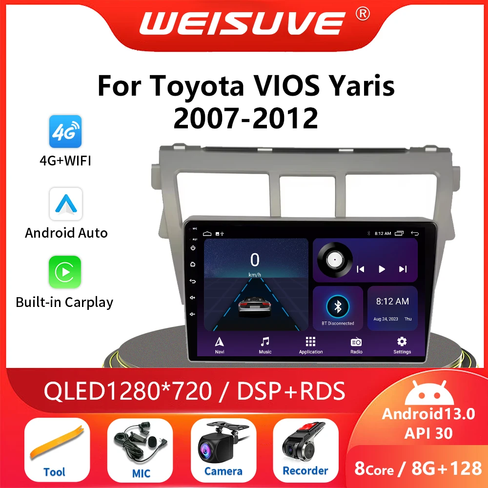 

Автомагнитола 2 Din Android 13 для Toyota Vios Yaris 2007-2012, автомобильное радио, мультимедийный видеоплеер, Carplay, GPS, автомобильный экран, стерео, Wi-Fi