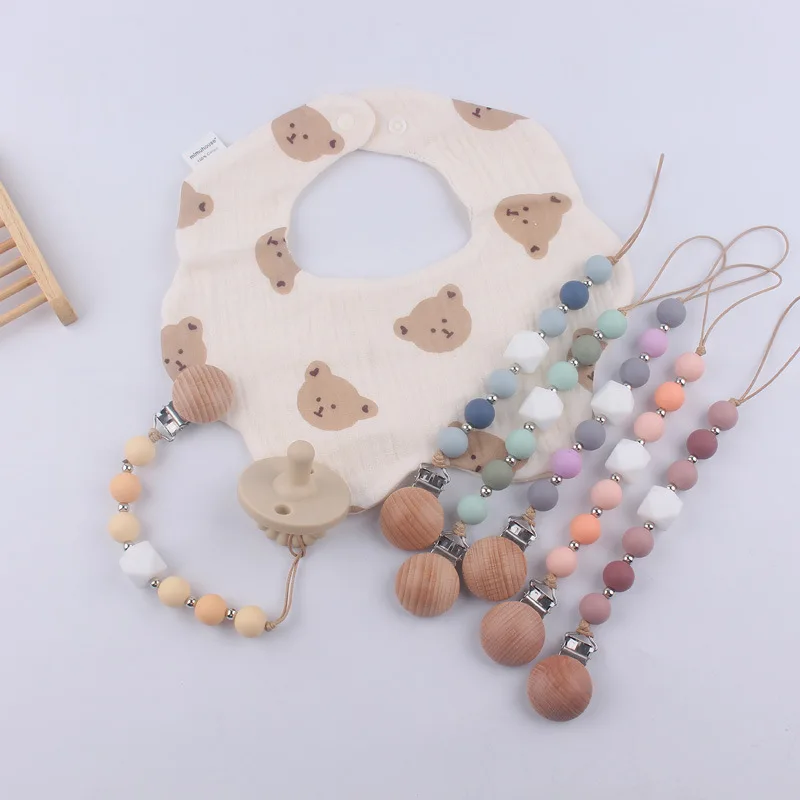 New baby beech wood pacifier clip soothes the baby silicone bead biting and grinding pacifier chain