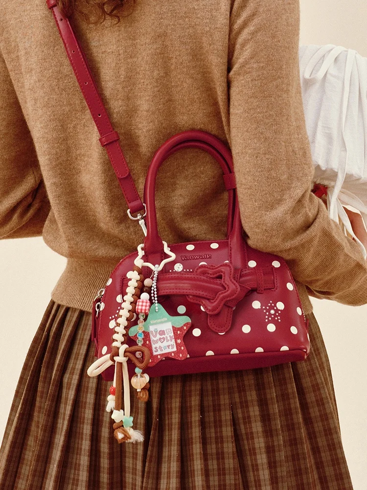 VANWALK Boston Bag Women's Crossbody Handbag Retro Autumn Winter New Style Bowling Ball Shape PU Leather Medium Softness