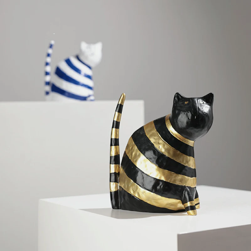 Nordic Style Cartoon Black Gold Striped Cat Figure Resin Statue Home Decoration Living Room Sailor Suit Cat Sculpture Figurine