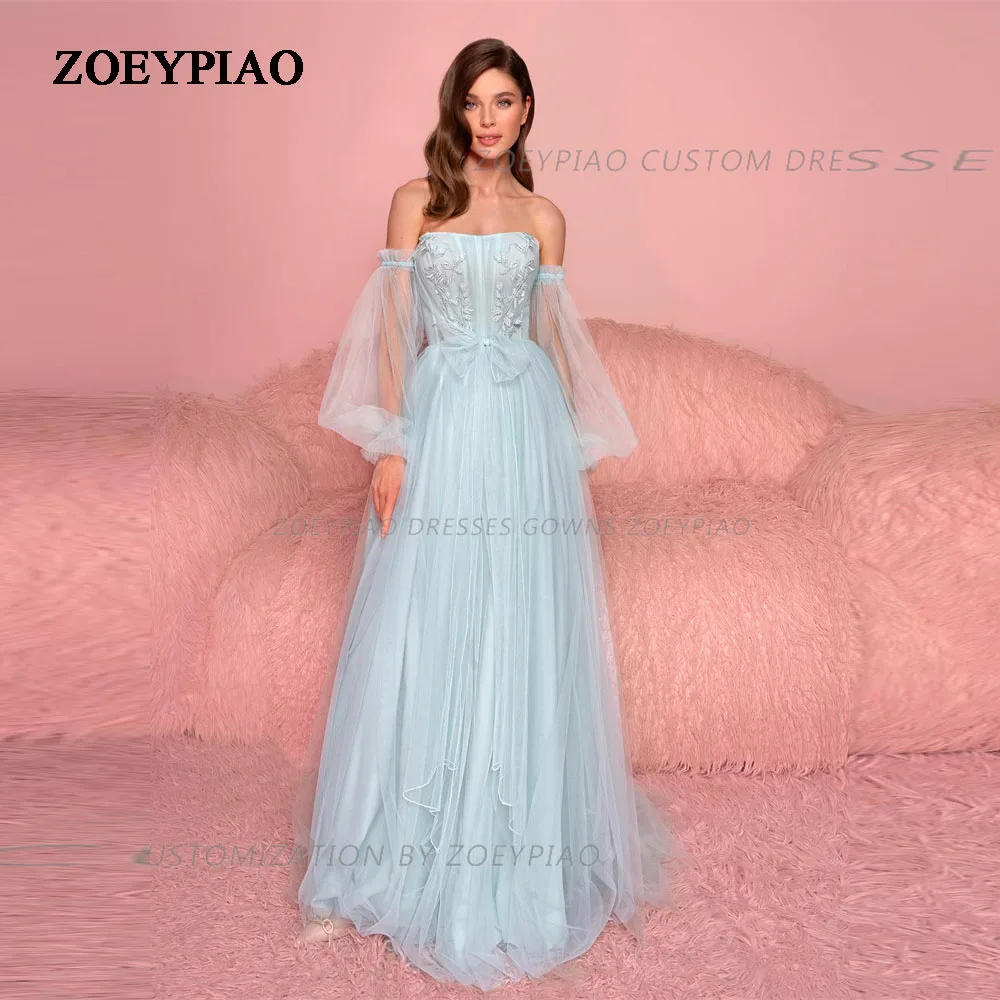 Mint Green Lace Princess Prom Gowns Full Sleeves Off The Shoulder Evening Dress Bow Tulle Prom Party Dresses Custom Made