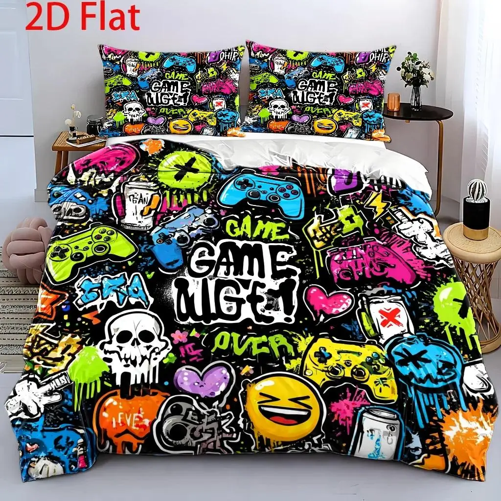 3Pcs Duvet Cover Set with 1Pc Duvet Cover and 2Pcs Pillowcases 2D Flat Print Game Theme Bedding Accessories Quilt Cover