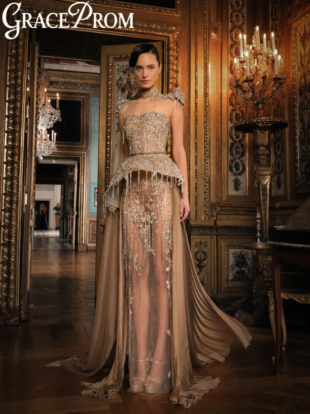 

New Golden Appliques Tassel Evening Dress Illusion Structured Corset Wedding Party Gown Customized Gorgeous Red Carpet Gowns