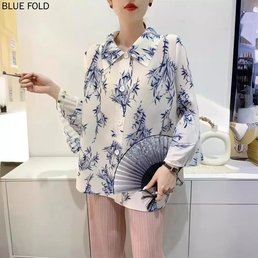 Spring Summer and Autumn Pleated Printed Tops Women Comfortable Pop-up Toothpick Pleats Nine-quarter Sleeve Large Size Shirt