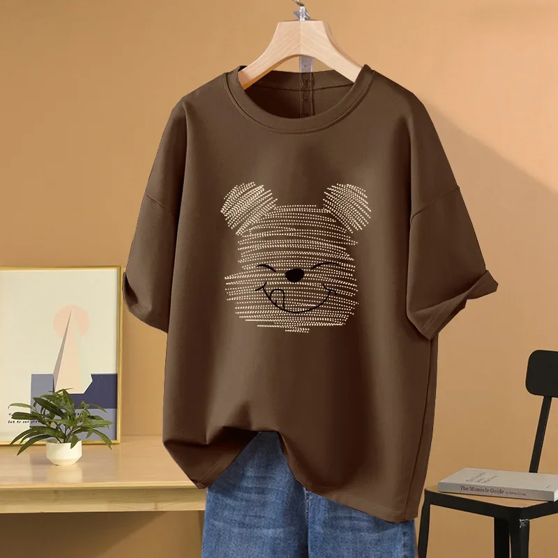 Oversized Half Sleeve T-shirt Women's Summer Loose Fit American Style Vintage Cartoon Bear Design Sensibility