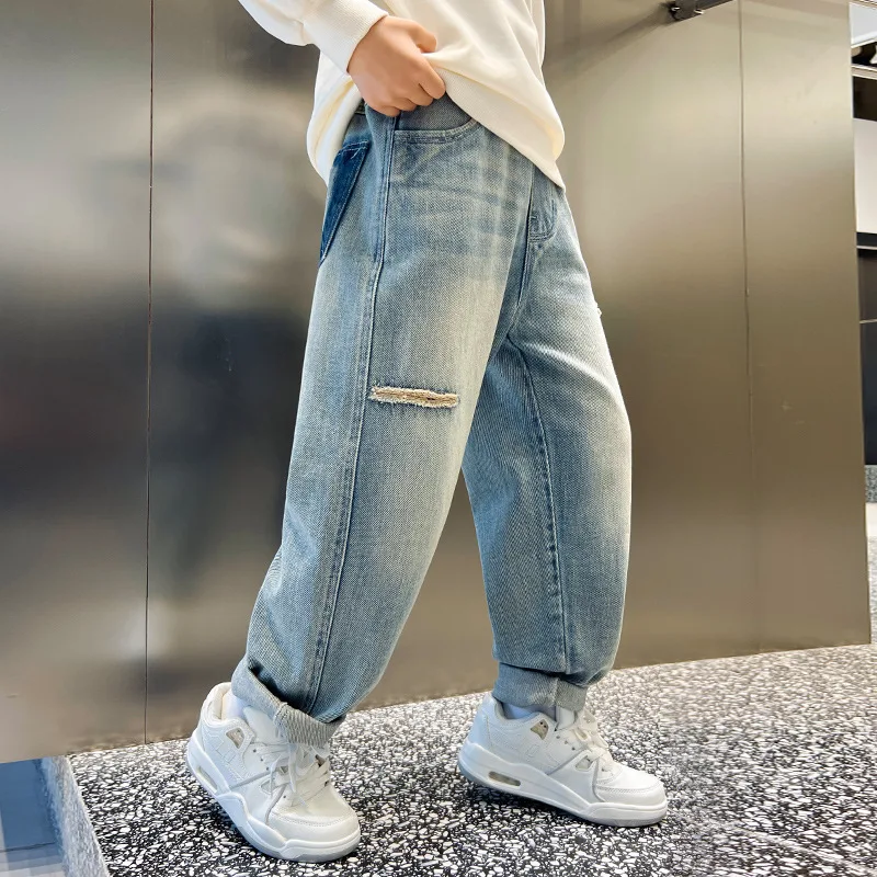 2025 Spring And Autumn New Boys Cool Jeans  Trousers Korean Casual Blue Loose Pants Print Children's Clothing 5-14Years