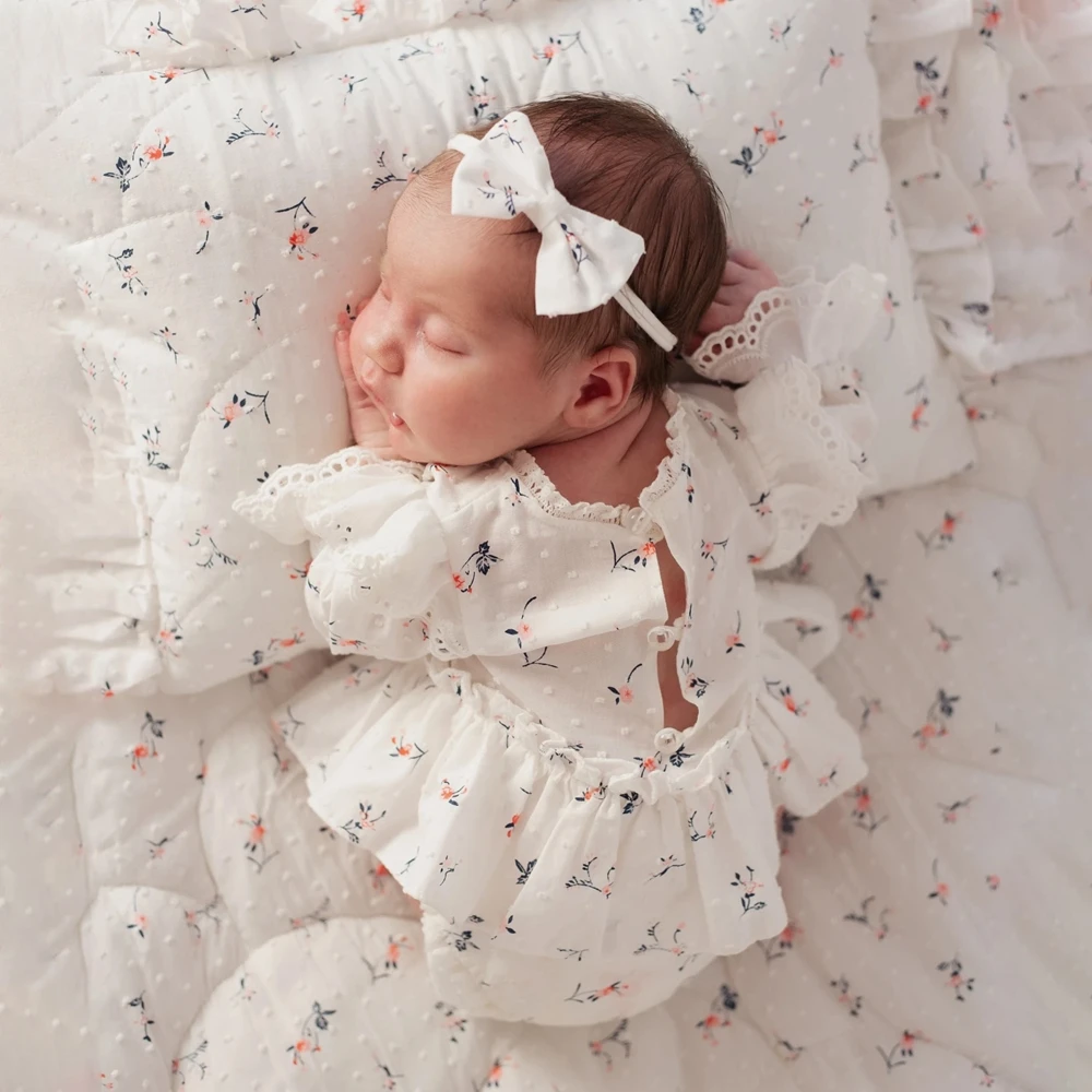 Baby Girl Floral Lace Romper Newborn Photography Outfit Bow Headband Photoshoot Props White Floral