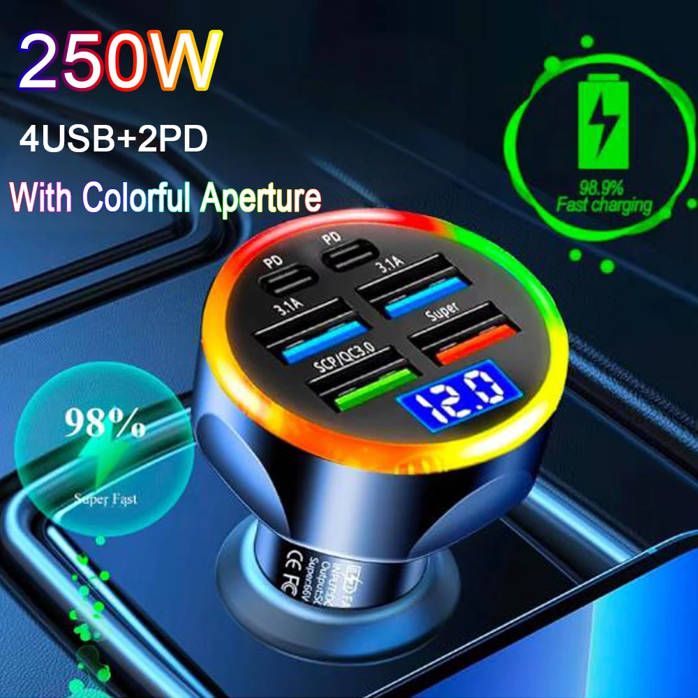 

250W Super Fast Car Phone Charger Adapter 6 in 1 with Voltage Display Multi Port Cigarette Lighter for iPhone Xiaomi Samsung