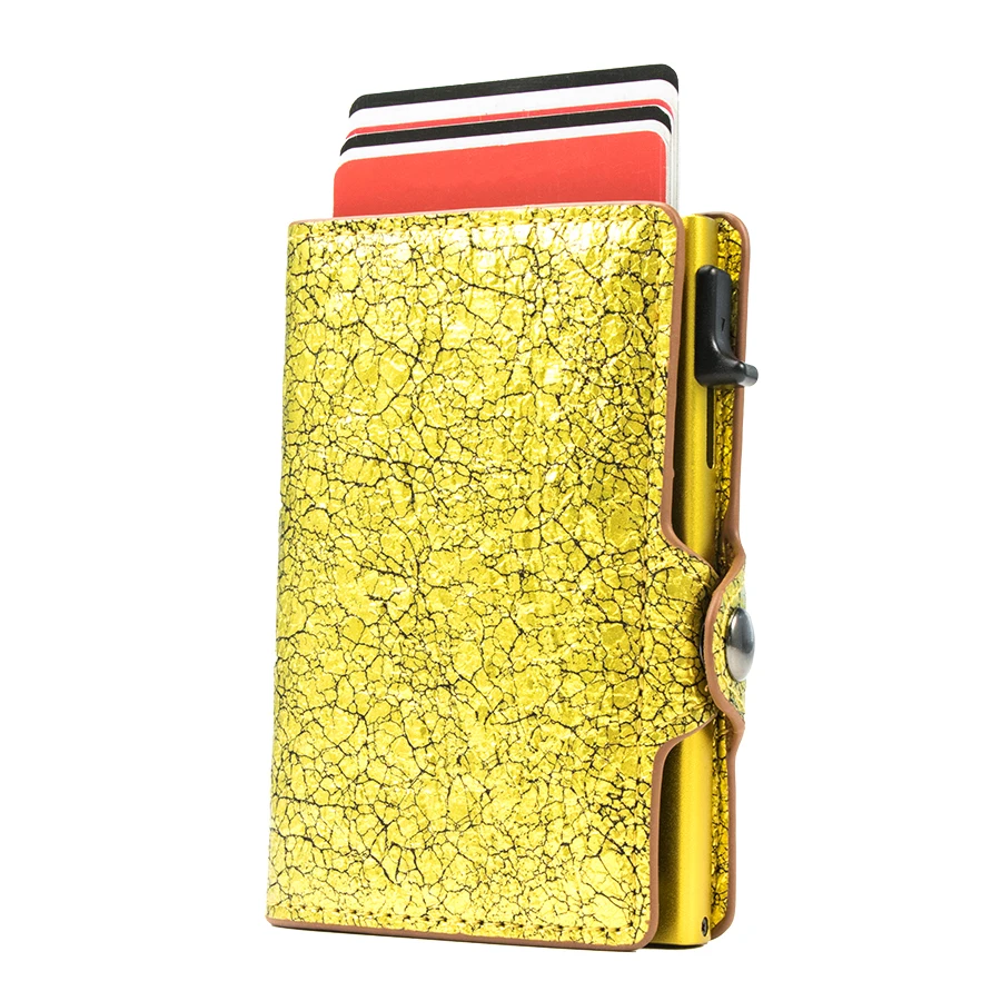 

CASEKEY Men Credit Card Holder RFID Luxury Gold Metallic Cracked Leather Pop Up Card Wallet with Coin Purse Carteira Masculina