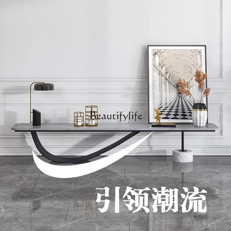

ld14American Retro Stone Plate Floor TV Stand Extremely Narrow Simple Iron Long Table