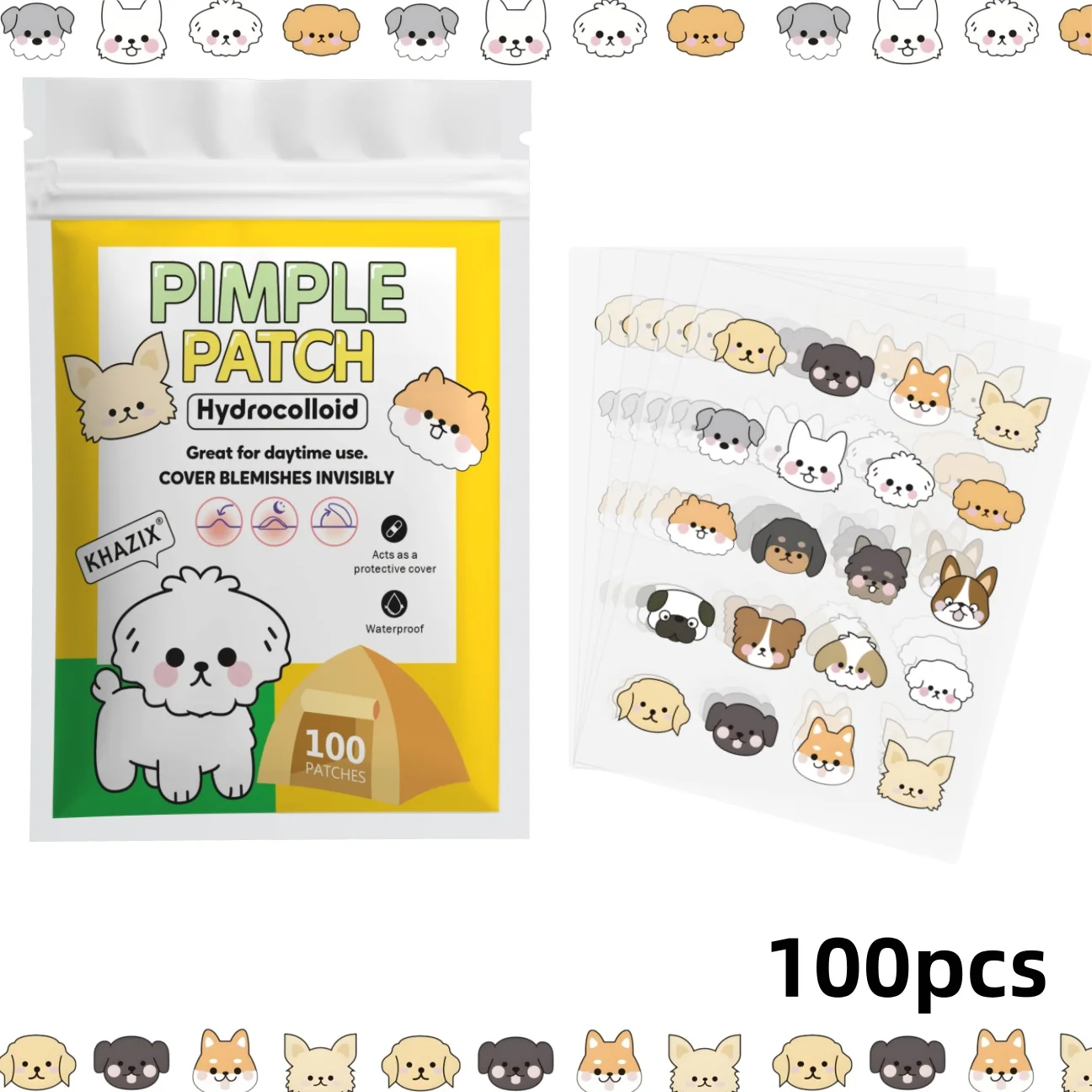 100pcs Cute Dog Pimple Patches, Hydrocolloid Acne Spot Stickers, Adorable Puppy Blemish Cover Patches for Face, Waterproof Day &