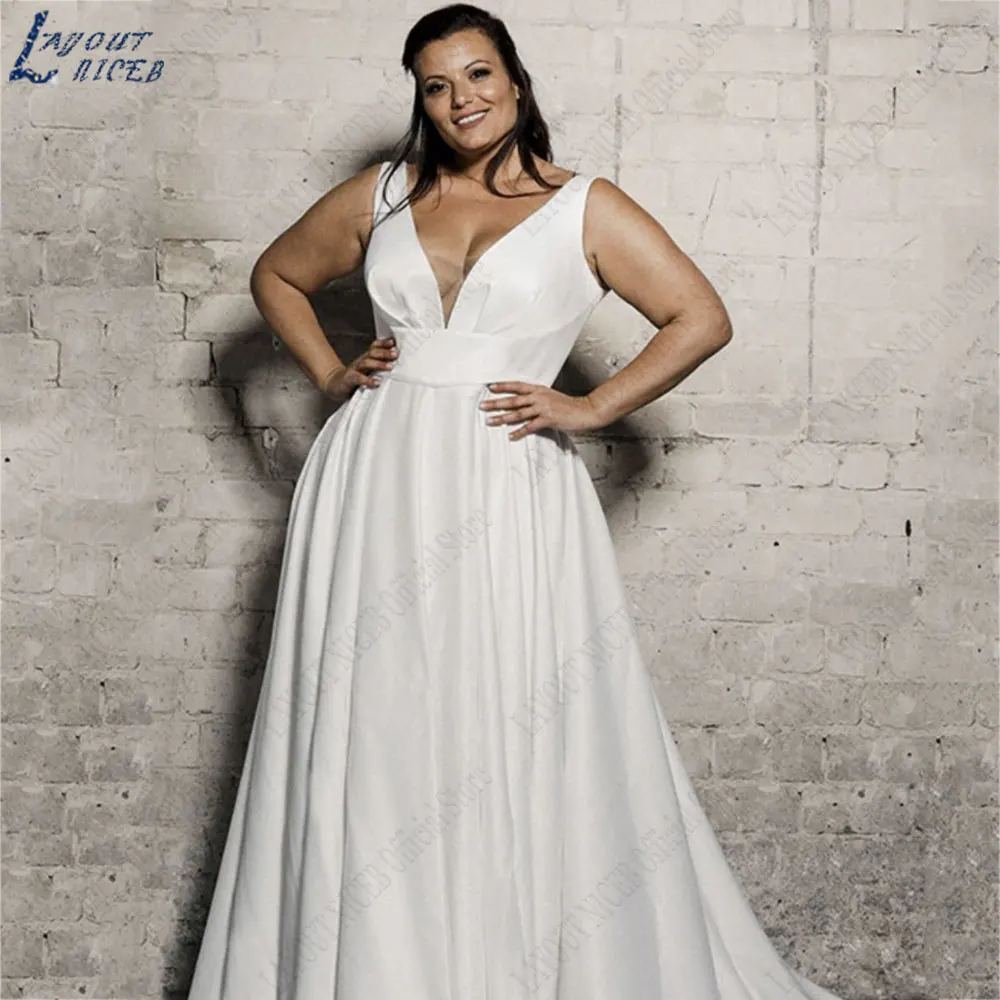 LAYOUT NICEB V-Neck A Linha Sem Mangas Vestidos De Casamento Plus Size Backless Satin Bride Gowns Back Buttons vestidos de noiva 2024LAYOUT NICEB V-Neck A Linha Sem Mangas Vestidos De Casamento Plus Size Backless Satin