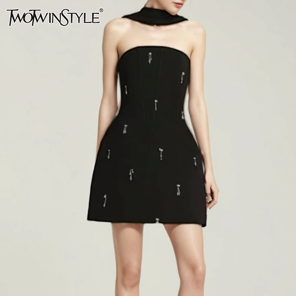 

TWOTWINSTYLE Solid Slimming Spliced Bead Elegant Dresses for Women Strapless Sleeveless Temperament Mini Dress Female Fashion