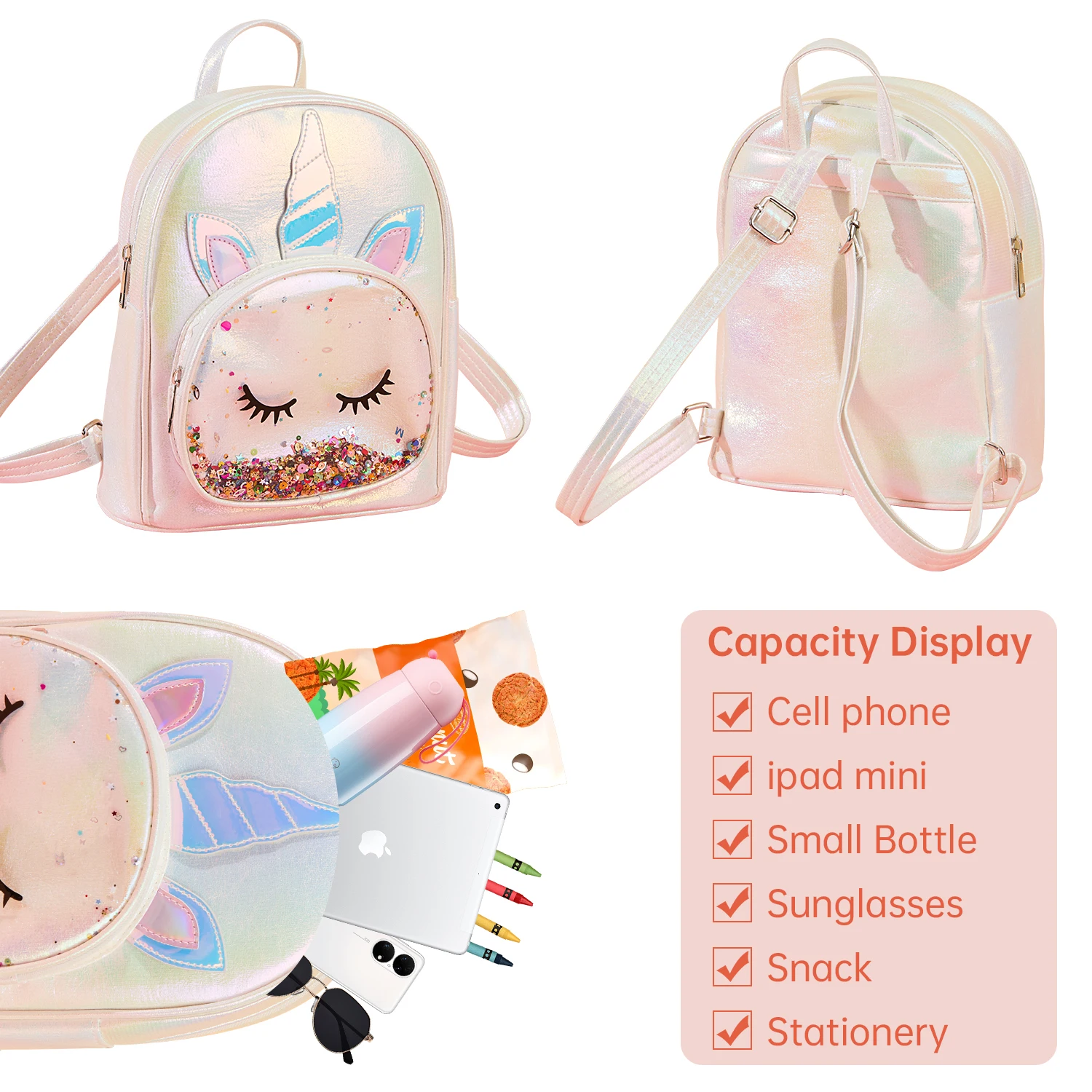 Girls unicorn PU backpack with zipper closure cartoon cute children\'s backpack suitable for holiday gifts and daily use