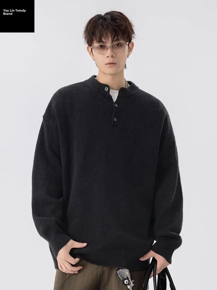 

Мужская черная ретро-кофта с воротником хенли, утепленная, зимняя, базовый слой, повседневный стиль, внутренняя одежда, комфортная, из мягкой ткани