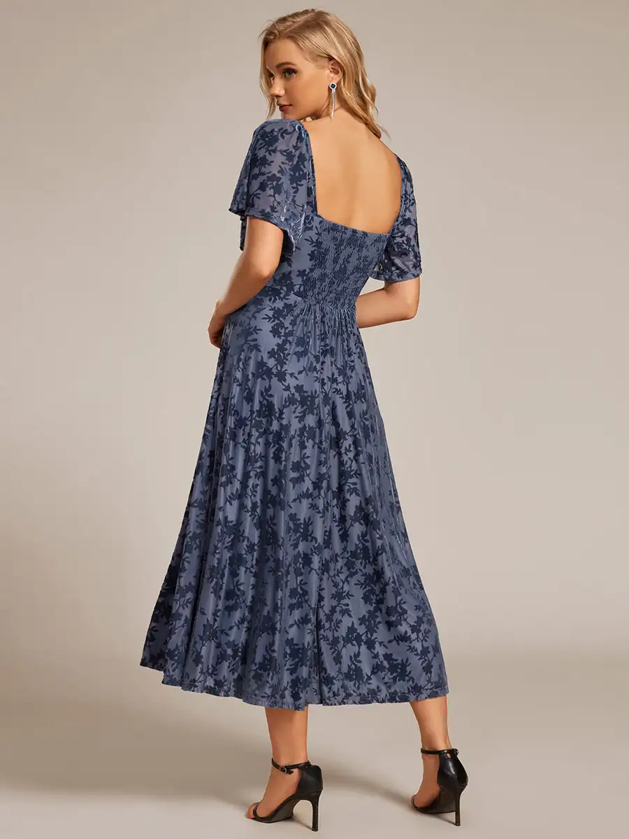 Elegant Evening Dresses Square Neckline Tea length Jacquard Decoration 2025 Ever Pretty of Dusty Navy Wedding Guest Dresses