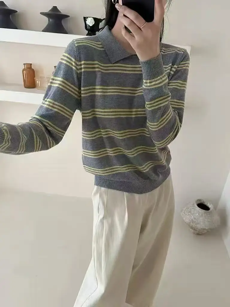 Contrast striped polo shirt long sleeve cashmere T-shirt retro commuter shirt
