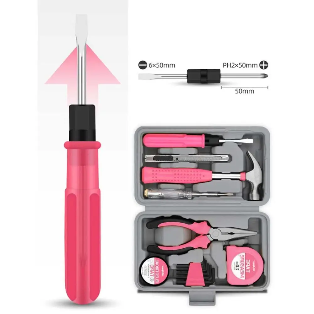 

Эргономичный розово-желтый набор инструментов для дома, компактный набор металлических ручных инструментов для повседневного ремонта