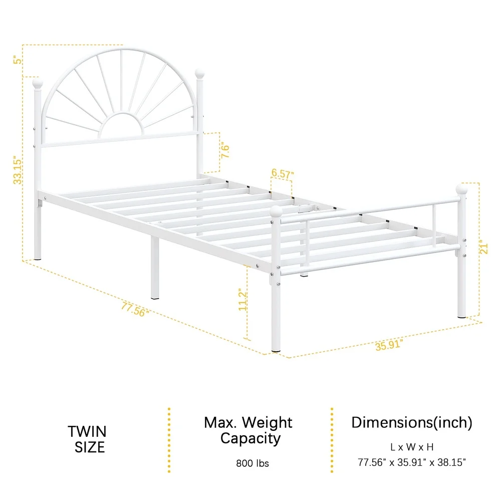 Twin Metal Bed Frame with Sun Curve Headboard Heavy Duty Steel Platform Kids Teens Under Bed Storage Easy Assembly