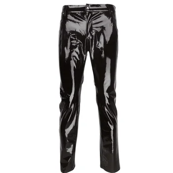 Schwarze Party Stage Performance Slim Fit Biker Kunstlederhose Glänzende PVC-Latexhose Mode Motorrad Herrenhose
