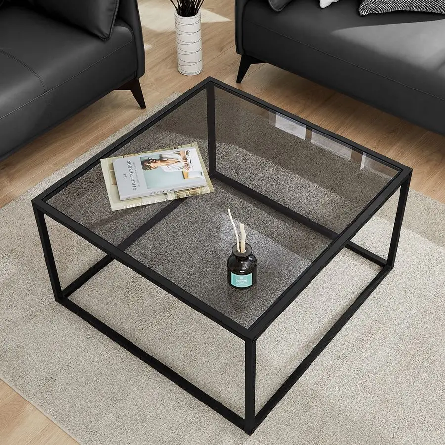 

Glass Coffee Table, Small Modern Coffee Table Square Simple Center Tables for Living Room 26.7 x 26.7 x 17.7 Inches, Gray Black