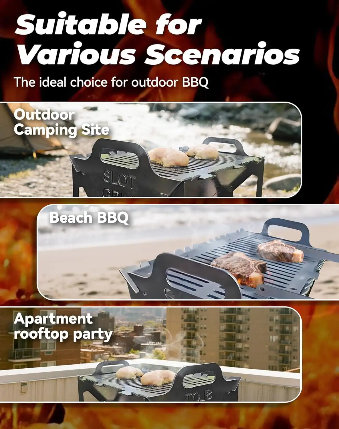Parrillas plegables para barbacoa, parrillas de Metal plegables pequeñas para exteriores, parrillas con ranura de montaje rápido gruesas mejoradas para Picnics de acampada
