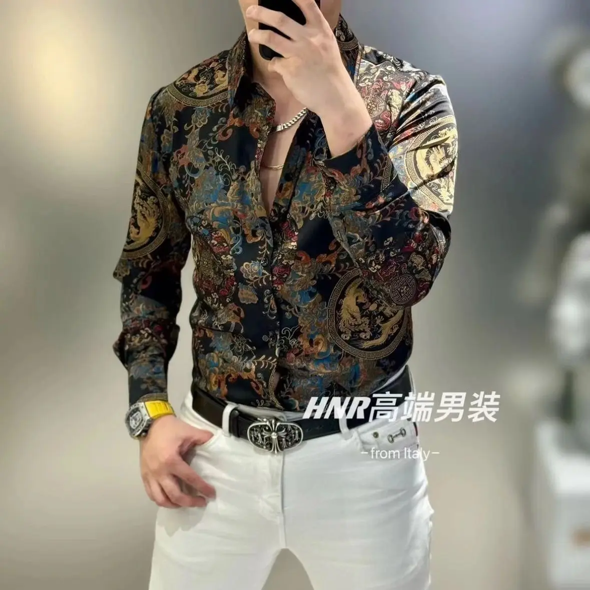 Spring and Autumn Printed Men\'s Shirt Fashionable Trendy Handsome Versatile Casual Slimming Shirt