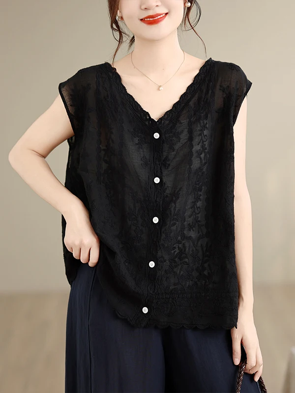 Summer New Heavy Embroidery Vest Large Size Women's Artistic Casual Versatile V-neck Canvas Top Thin Cotton Polyester Sleeveless view 2