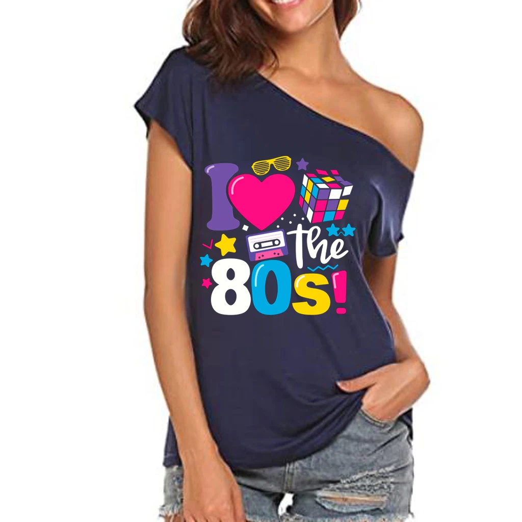 XUANSHOW 2024 Sommer I Love the 80s Emotional Element T-Shirt Sexy Off Shoulder Tops Kurzarm Buchstaben bedrucktes T-Shirt – Detail 6