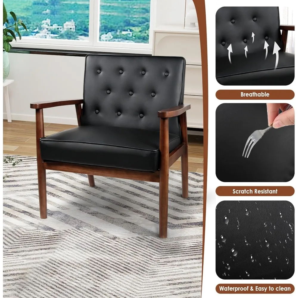 مجموعة كراسي بذراعين من الخشب الصلب على الطراز الحديث في منتصف القرن مكونة من 2 كراسي مصنوعة من الجلد الصناعي الأسود لغرفة المعيشة ومناطق الانتظار