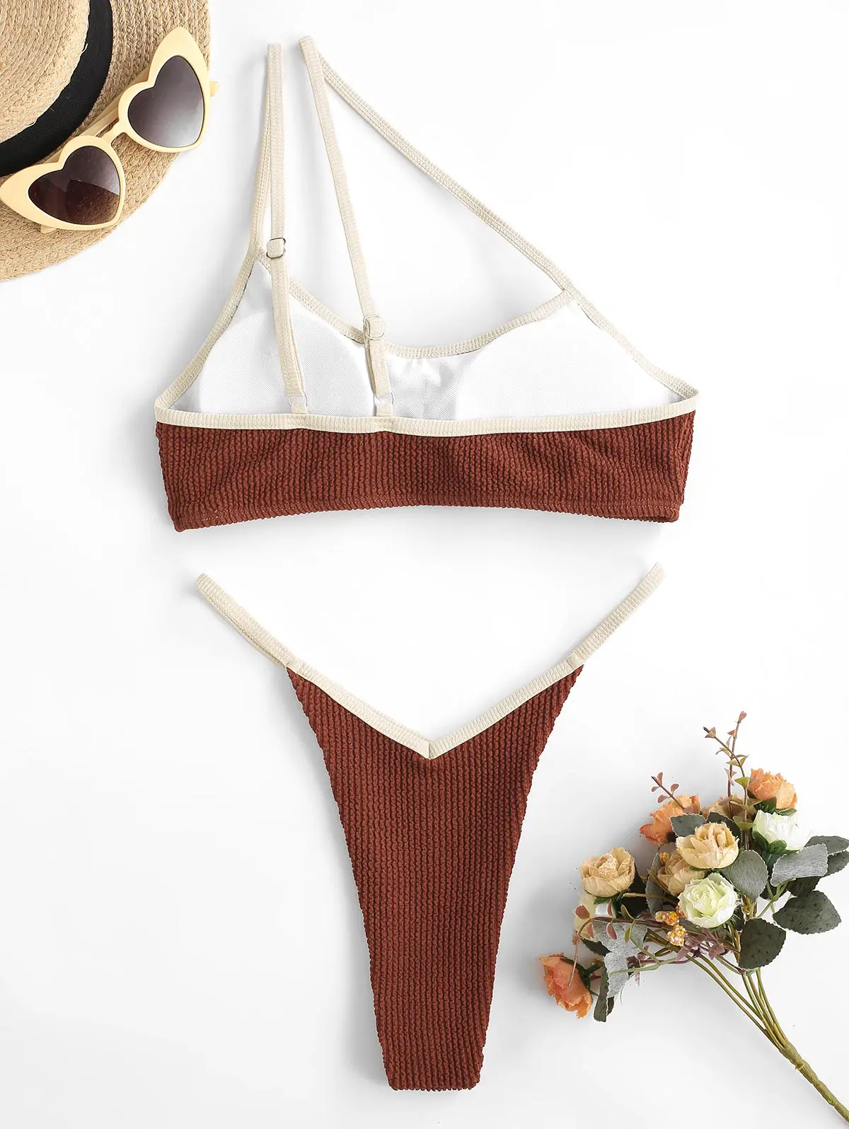 ZAFUL One Shoulder Textured Binding Thong Bikini Swimwear