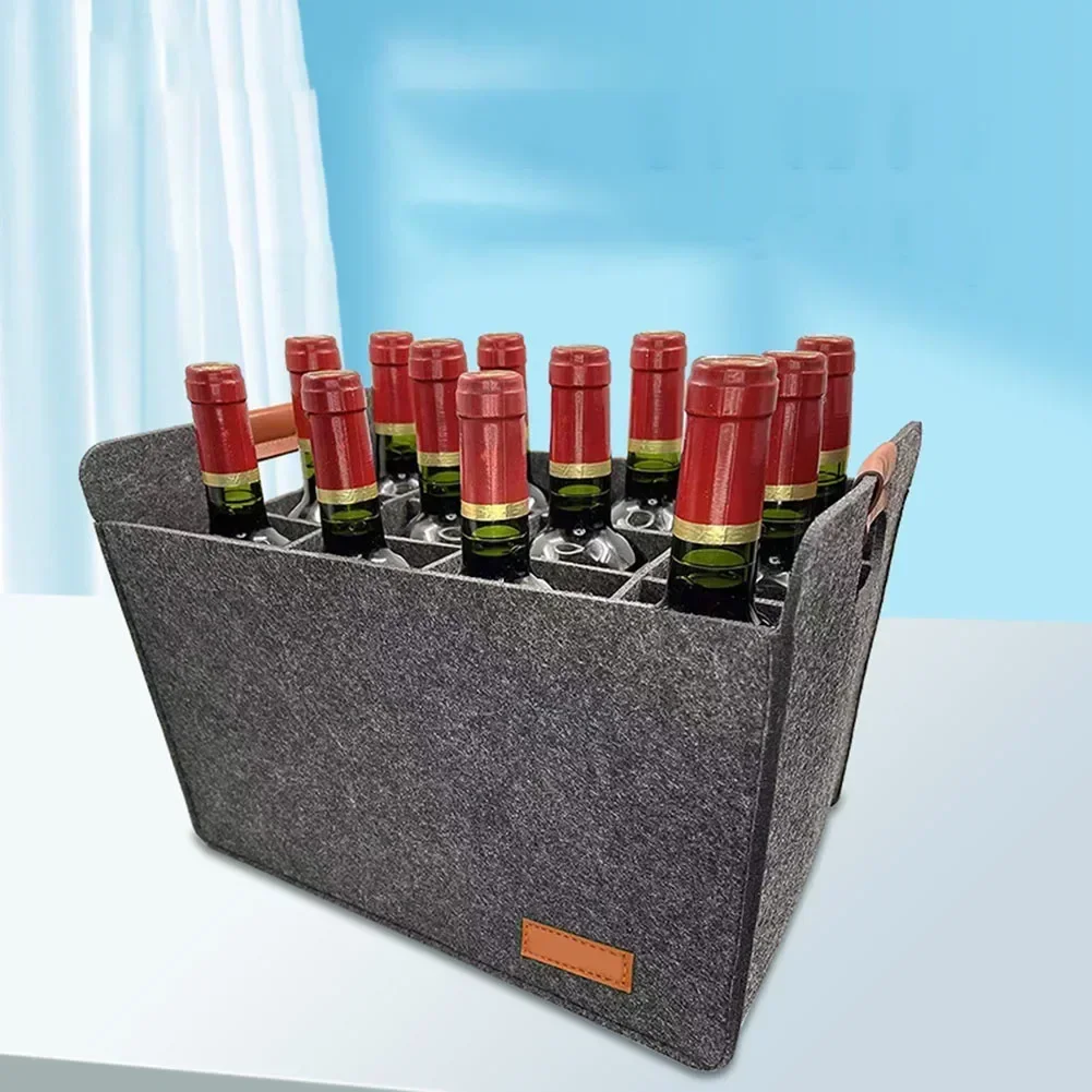 12 Bottle Wine Carrier With Divider Felt Wine Champagne Bottle Storage Tote Portable Gift Bag Red Gray With Handle