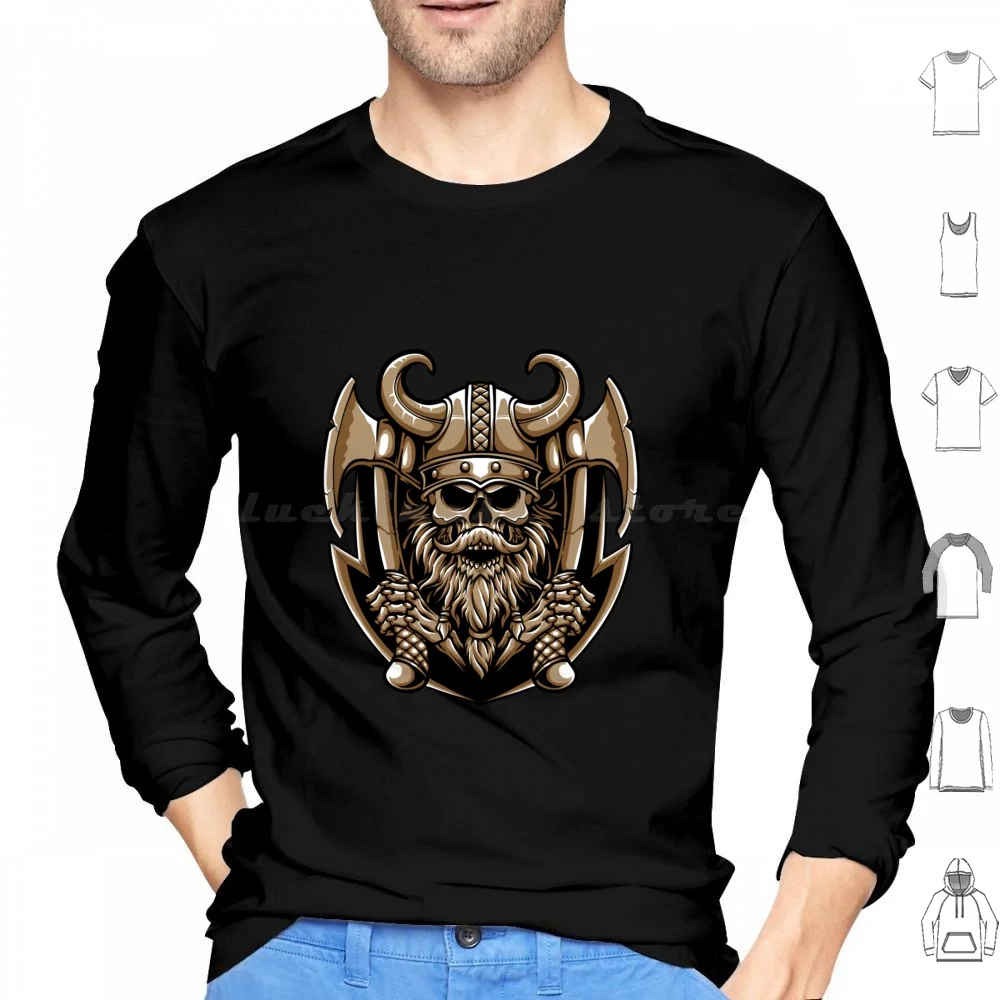 Viking Skull With Axe Hoodie cotton Long Sleeve Viking Skull Valhalla Odin Axe Axes Norse Mythology Norse Vikings