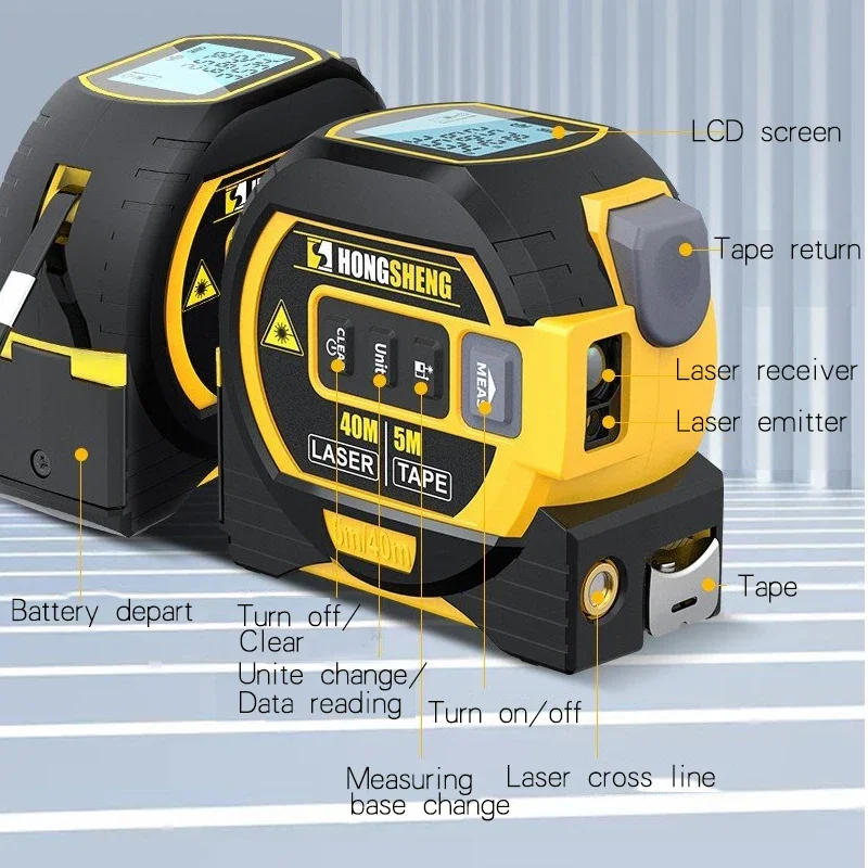 3 in 1 Laser Rangefinder 5m Tape Measure Ruler LCD Display with Backlight Distance Meter Cross Line Building Measurement Device