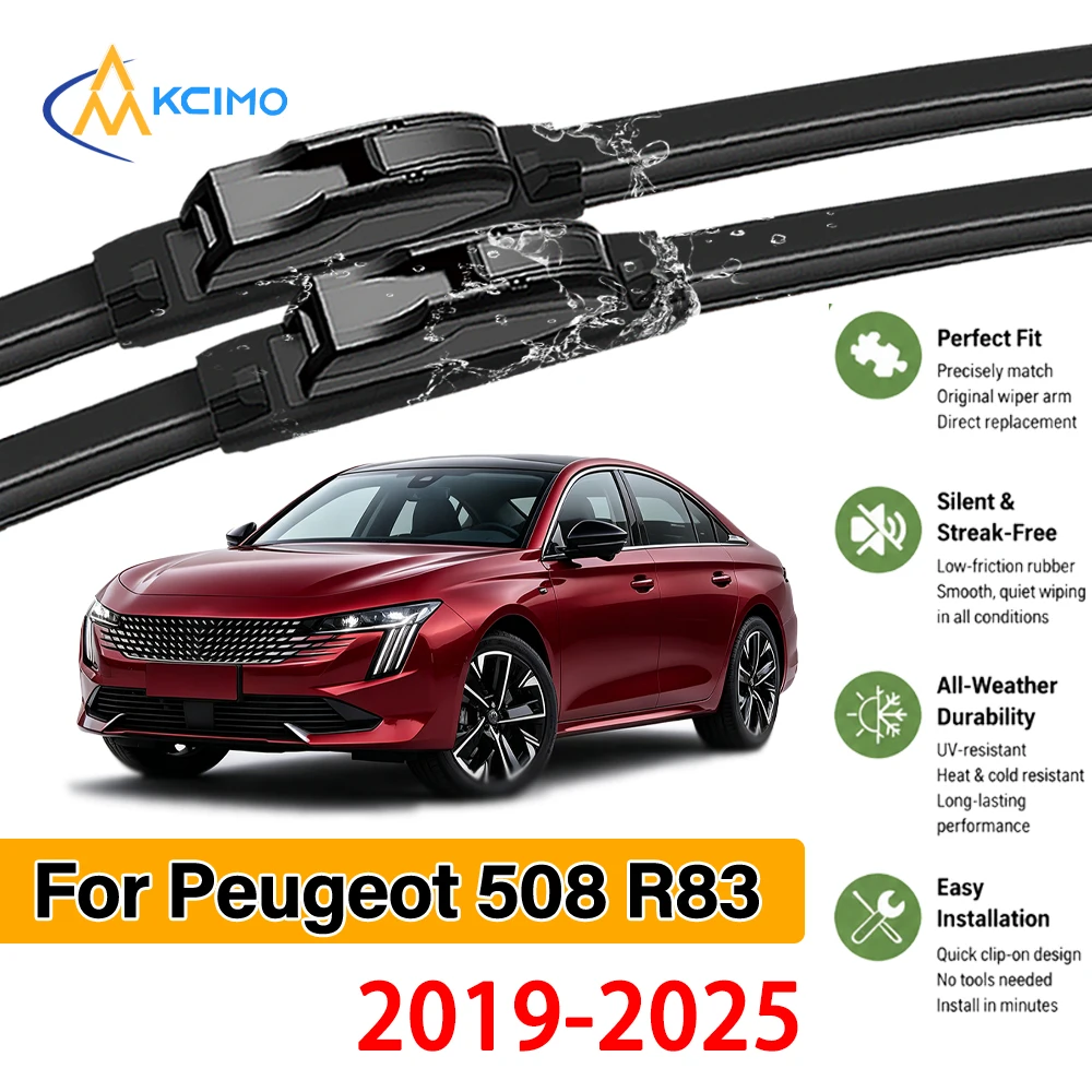 Balais d'essuie-glace noirs robustes et durables, lot de 2, pour Peugeot 	 508 R83 2019-2025, Installation rapide, Excellente performance de nettoyage