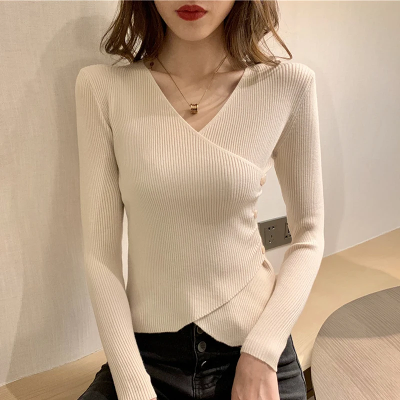 2022 Autumn Winter Women Sweater Knitted Pullovers V-neck Slim Fit Bottoming Shirt Solid Soft Knitwear Jumpers Basic Sweaters