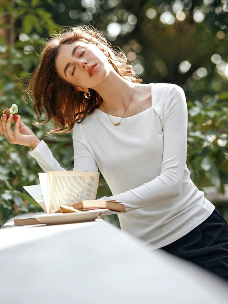 OLrain Women Elegant Tees 2025 New Autumn Solid Slim Fit Long-sleeved T-shirts Commute Asymmetrical Neck Female Tops O57QT95638