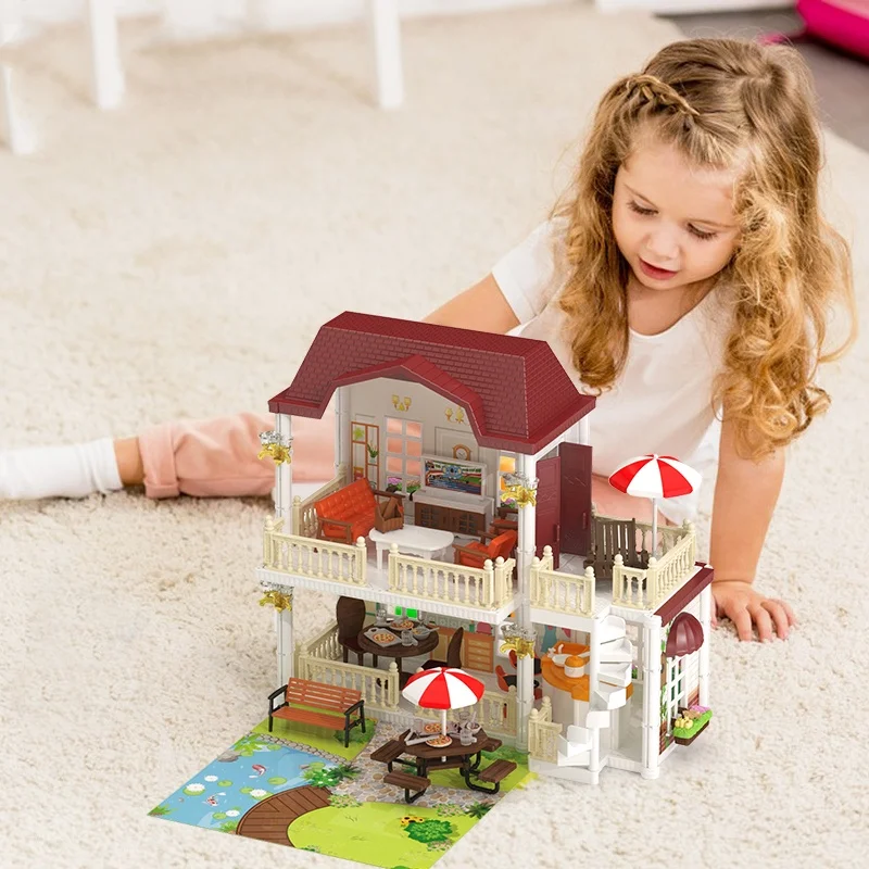 Dzieci DIY Tiny Villa Model zawiera kuchnię salon miniaturowe meble domek dla lalek zestaw willa symulacja montaż zabawek