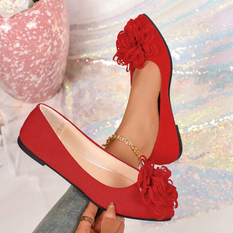 2026 Fashion Simple Flower Decor Comfort Women's Flats and Loafers New Pointed Toe Soft Bottom Casual Women Shoes Лоферы Женские