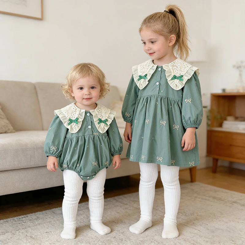 

2026 New Spring Baby Girl Dress 0-24M Long Sleeved Embroidery Baby Romper 2-6Y Party Kid Princess Cotton Dress Sister Clothes