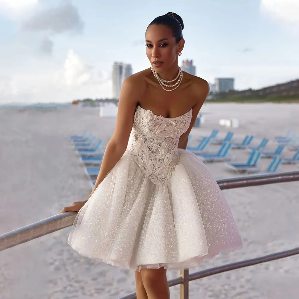 Sexy Strapless Sleeveless Wedding Dresses For Women Shining Tulle Bridal Gowns Mopping Length Party Vestidos De Novia Customized