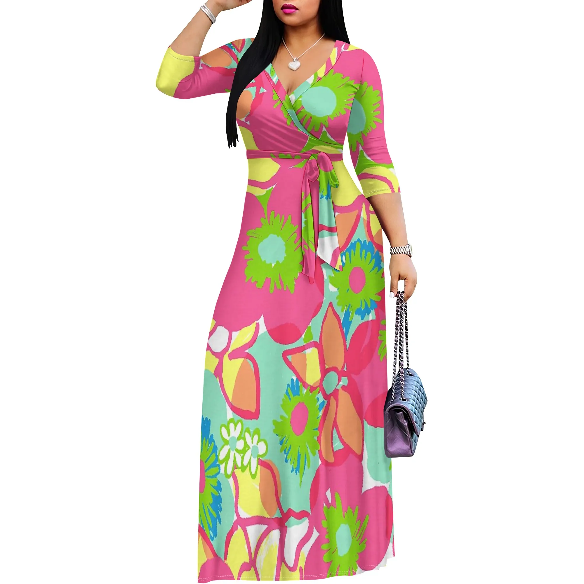 Bright Floral Print V-Neck Maxi Dress for Women - Elegant 3/4 Sleeve Belted A-Line Flowy Summer Beach Party Dresses S-3XL