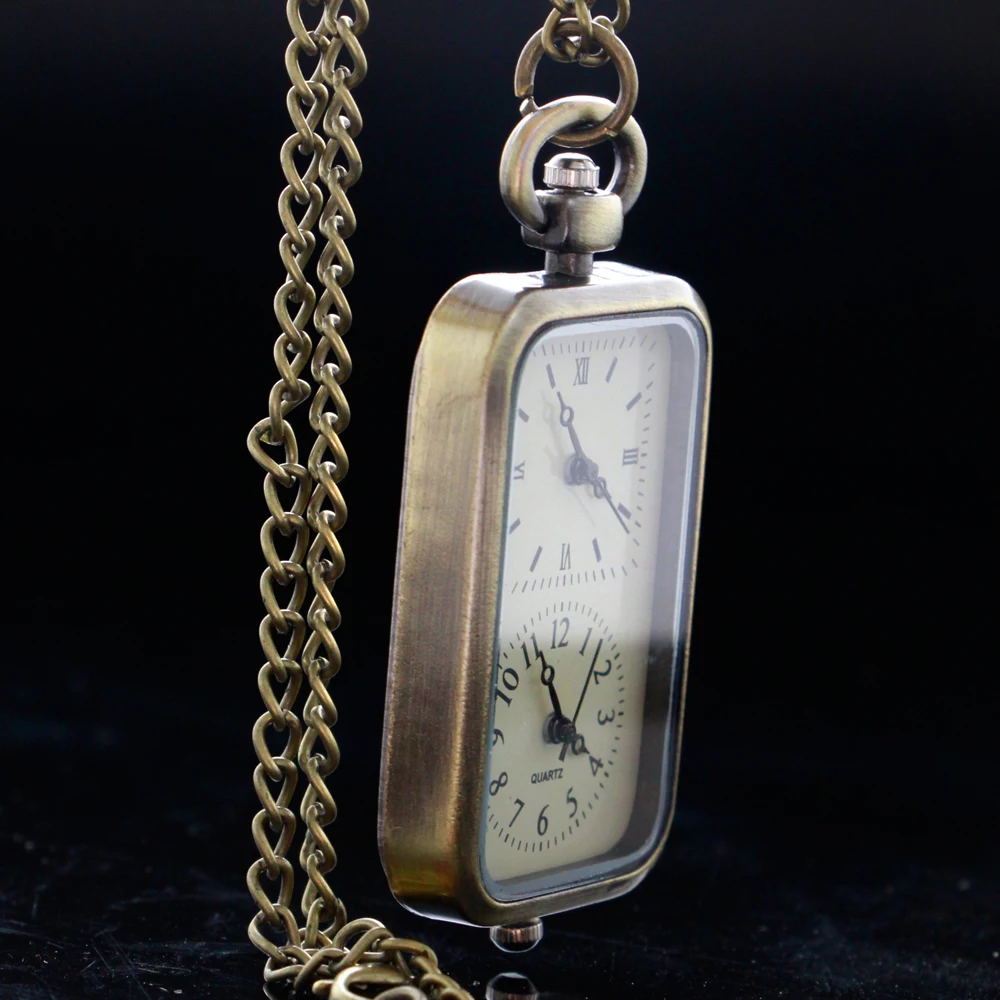 Rectangle Bilingual Design Pocket Watches Vintage Arabic Roman Numerals Dial Pendant Quartz Fob Watches Gift Clock