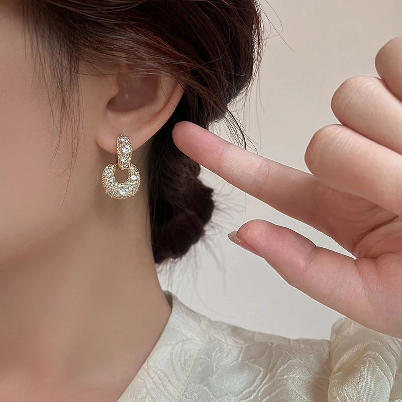 2023 14K Gold Plated Korean New Design Fashion Jewelry Full Zircon Square Pendant Earrings Luxury Women\'s Party Accessories
