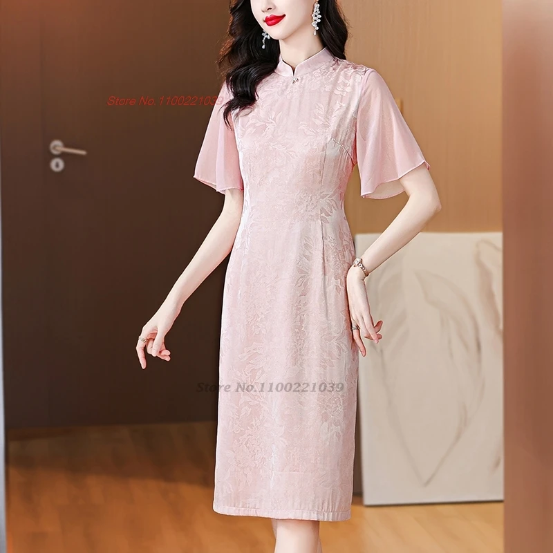 2024 vestido vintage chino cheongsam mejorado satén nacional jacquard gasa manga vestido qipao vestido folclórico oriental